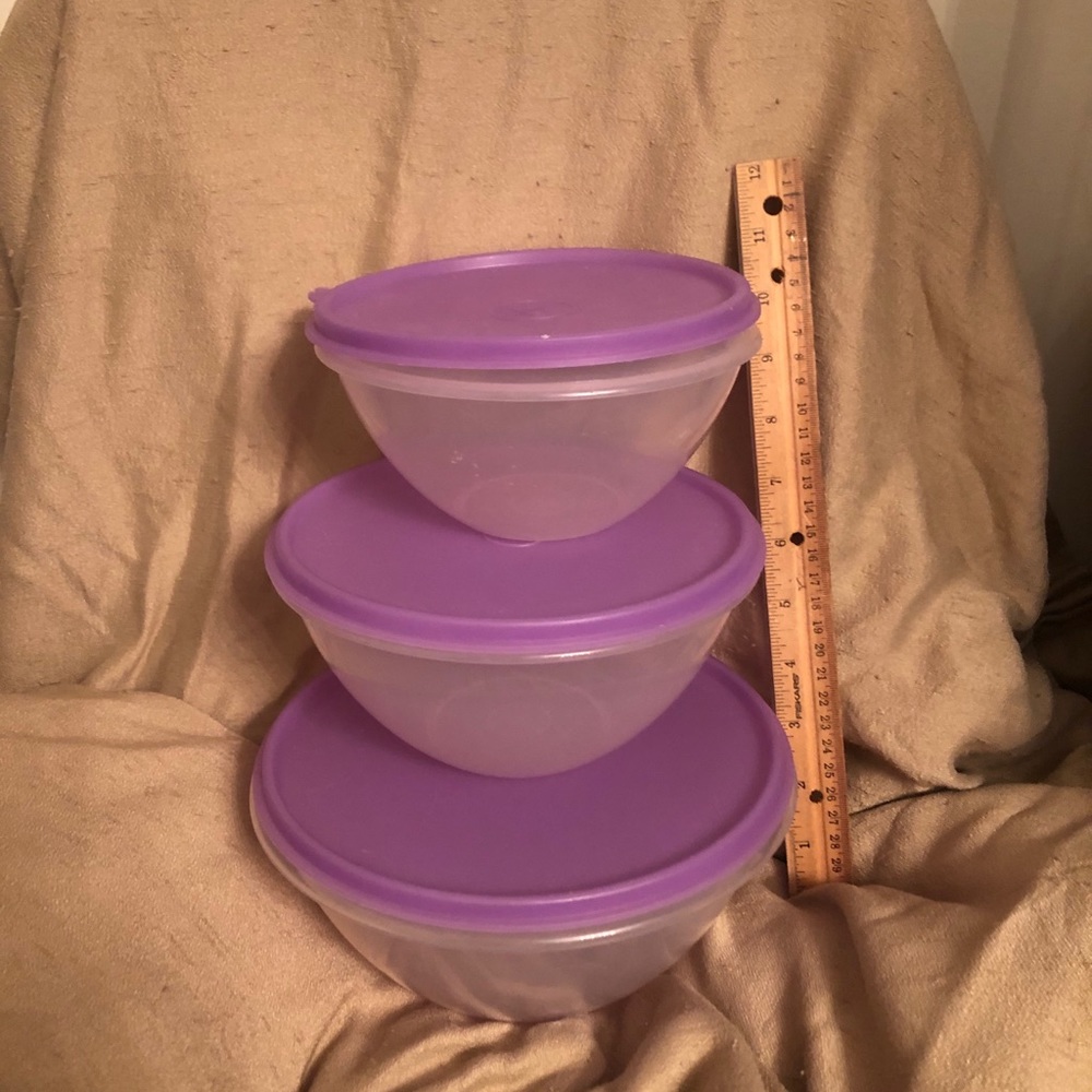 Tupperware three set bowls with purple lids